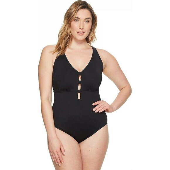 Ralph Lauren Shaping Plunge One Piece Swimsuit Slimming Removable Cups Black 22W
